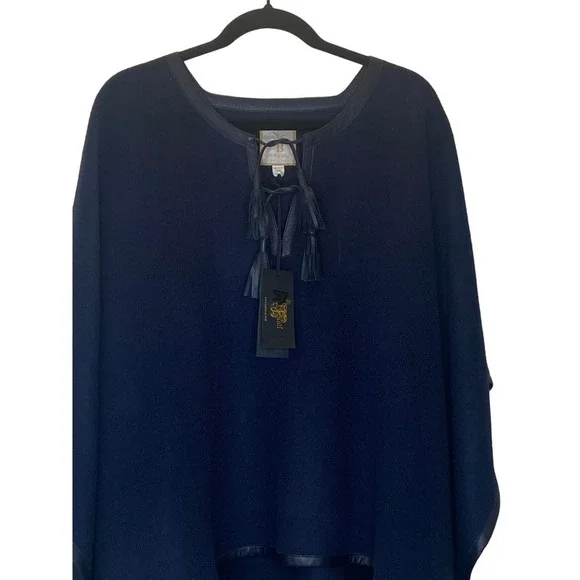Stick & Ball Navy Blue Baby Alpaca Lambskin Leather Trimmed Poncho NWT $425.00 - Picture 14 of 15